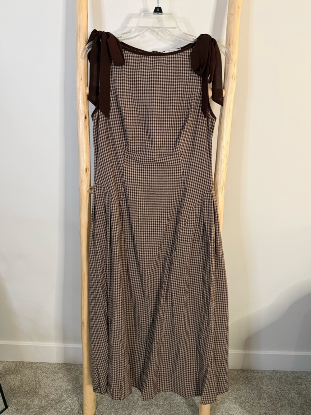 RIHOAS Brown Gingham Maxi Dress with Tie Shoulders